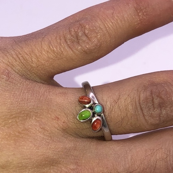 VTG Sterling Turquoise & Coral Stone Stacker Ring Sz 7.75 - Picture 7 of 9